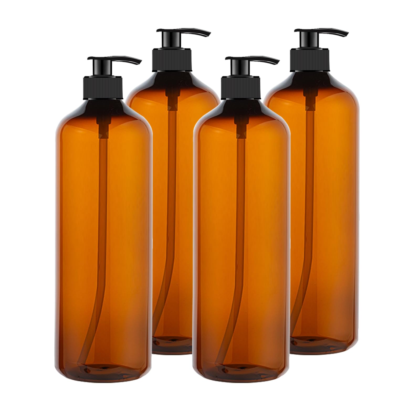 4 Pack 32 OZ Empty Plastic Pump Bottles With 1 Pen, Labels & Silicone Funnel, Amber Empty Shampoo Bottles with Pumps For Body Wash, Shampoo, Massage Lotion, Gel