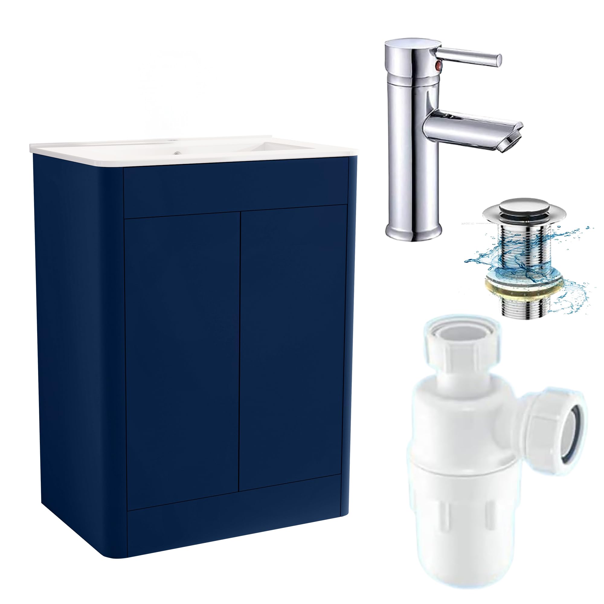 BELOFAY Vanity Unit with Basin | 600mm Floor Standing Bathroom Vanity Unit with Basin | Matte Blue | Push to Open Doors with 1 Tap Hole Ceramic Basin, Trap & Waste, Tap not included (Edison Blue)