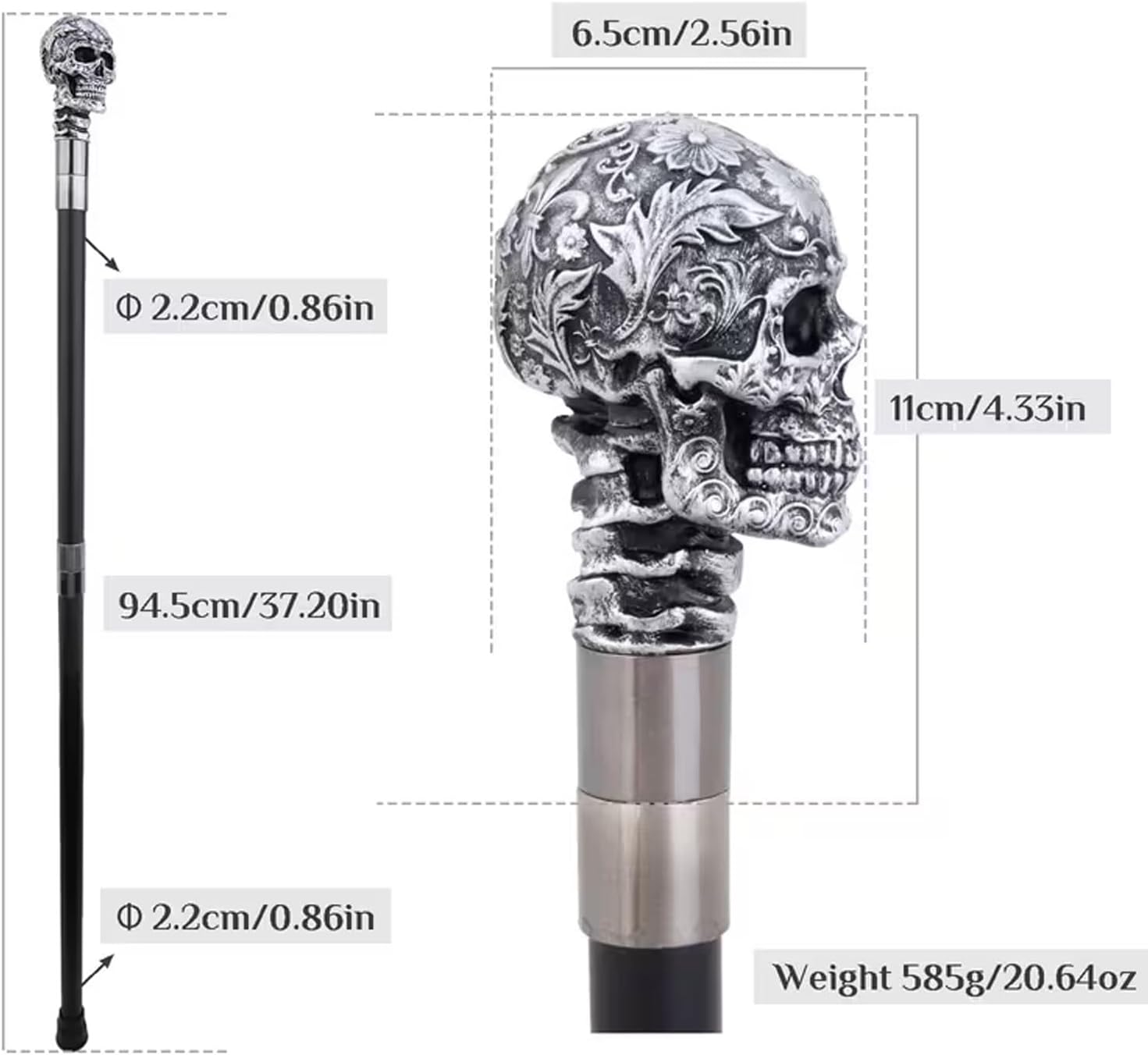 Silver Resin Rose and Skull Walking Cane, Luxury Men Womens Walking Stick, Removable Anti Slip Scepter, Cospaly Vintage Party 94cm