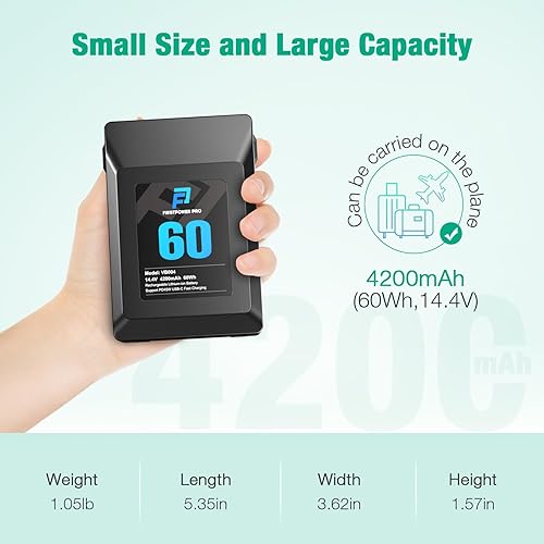 Miniatura 7 de FirstPower Batería de montaje en VV-Lock, 60 Wh(4200 mAh, 14.4 V), soporte de batería de montaje en V PD 45 W, cargador rápido USB-C, con D-TAP,
