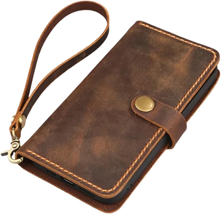 Personalized leather Wristlet wallet case for iPhone 17/16/15/14 Pro Max/distressed leather wallet cover Compatible with iPhone 17/16/15/14 Plus IP05MW-B