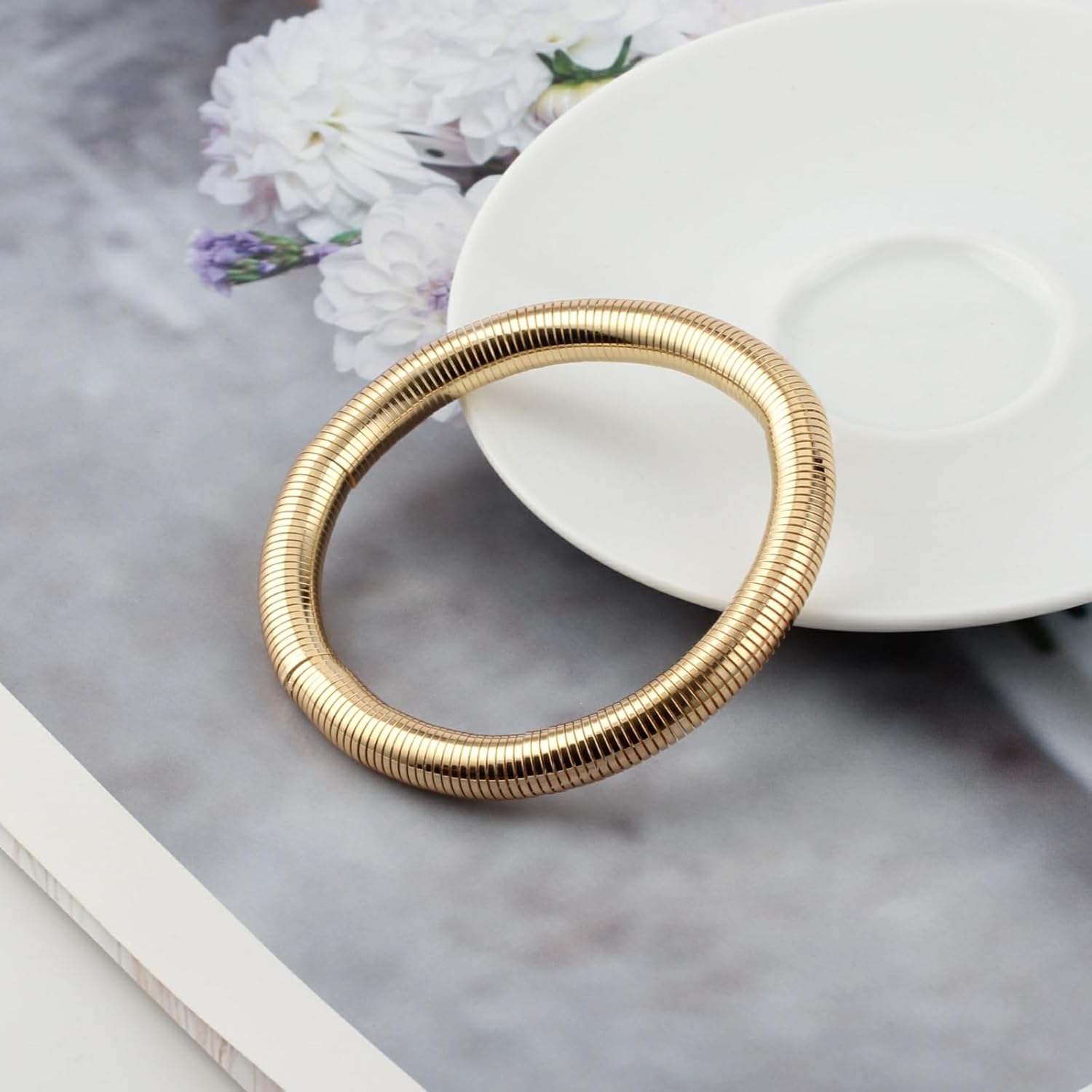 Gold Color Metal Elastic Bracelet for Women Trendy Chunky Statement Thick Plated Wrist Non Tarnish Punk Bangle Jewelry - Image 6