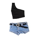 1/6 Scale Female Clothes Set Tight Denim Set with Belt Cosplay Costume Vest Belt Set Doll Clothes for 12'' Female Figure Doll, Dark Blue and Short