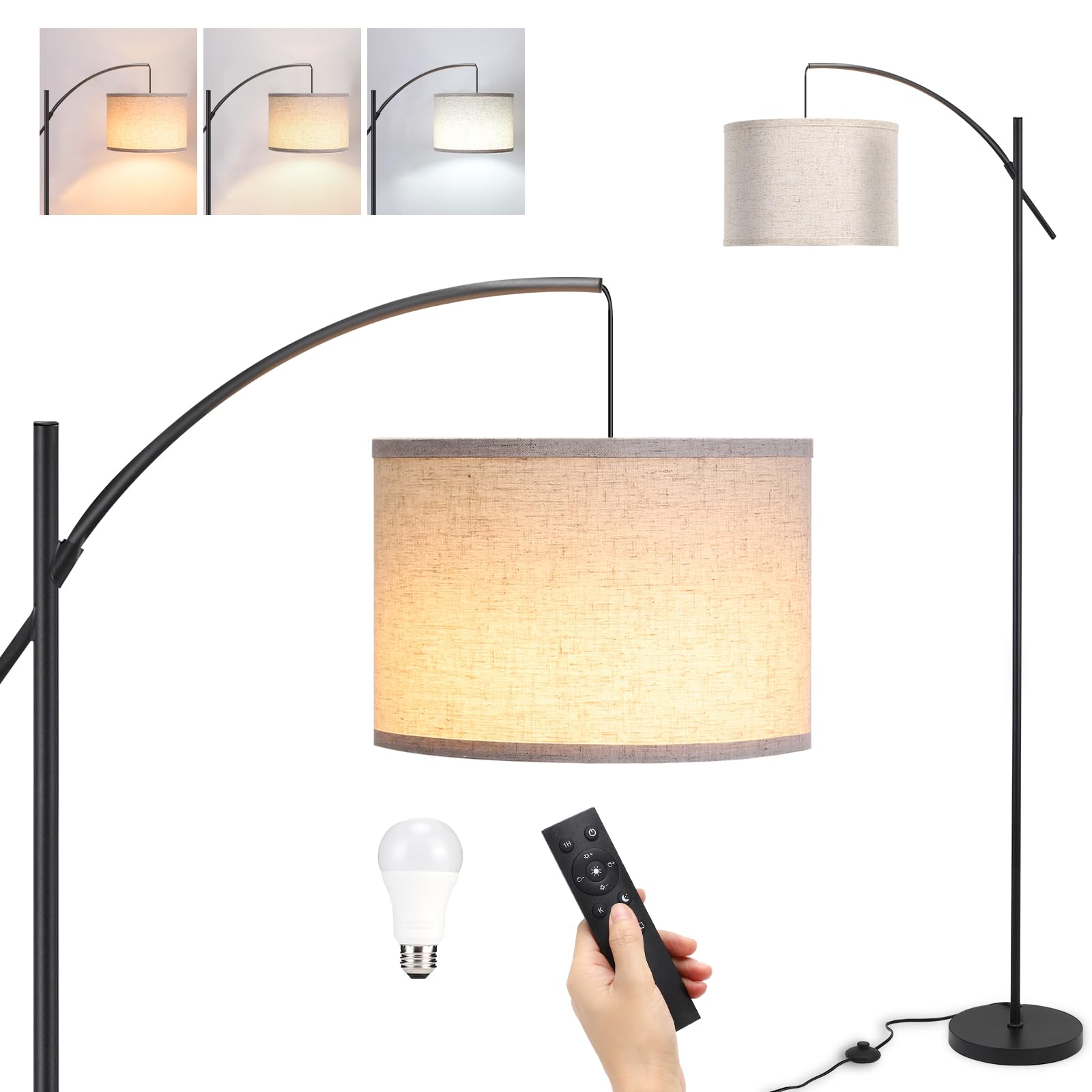 FIMEI Lampada da Terra a Arco Soggiorno, Altezza 187cm, LED Dimmerabile con Temperatura Colore Regolabile, Lampada Alta con Paralume a Tamburo & Telecomando, 9W LED per Lettura, Camera, Ufficio