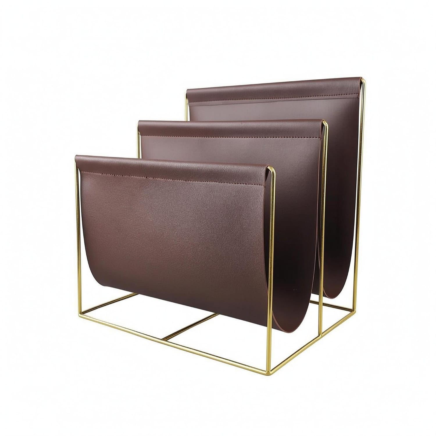 Modern Floor Rack Minimalist Leather Panel Rack Gold-Tone Newspaper Holder Three-Pocket for Office, Dark Brown-image-5