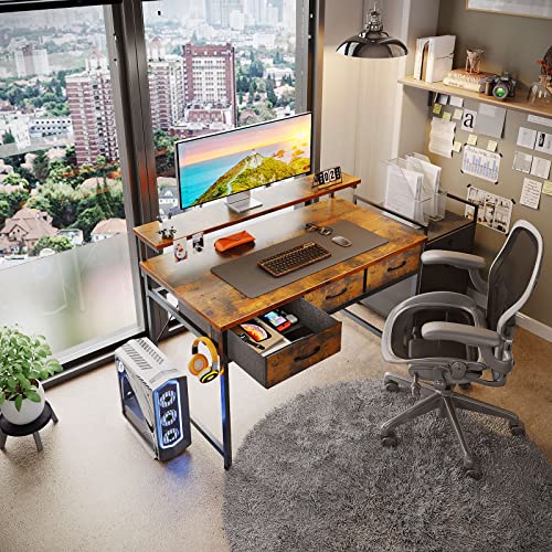 Odk 39 Inch Small Computer Desk With Drawers, Home Office Desk With Adjustable Monitor Stand, Modern Work Study Writing Table Desk, Vintage #TOP6