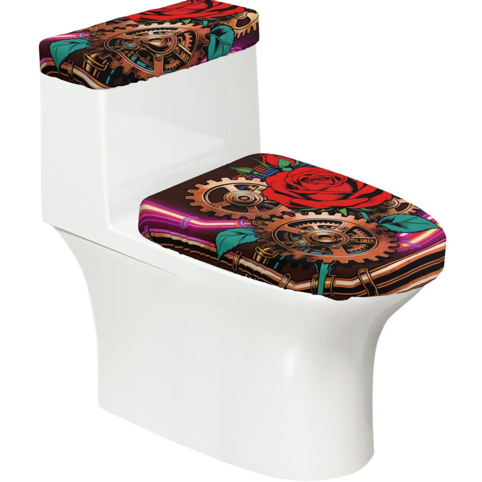 Duykimqw Black Neon Steampunk Red Rose Print Bathroom Toilet Lid Cover, Water Tank Covers
