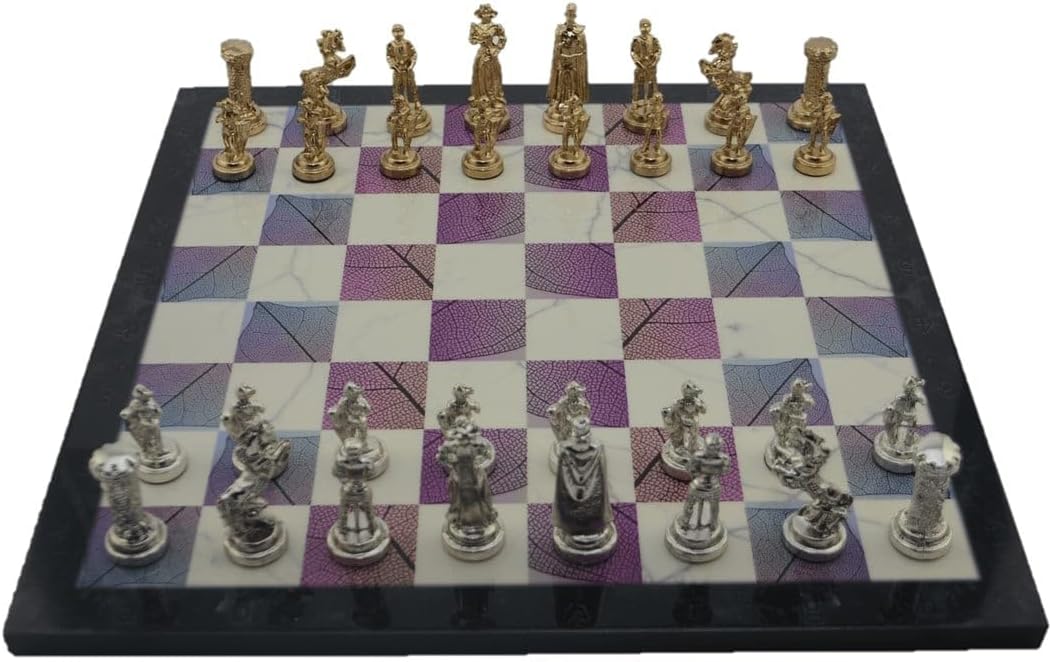 Metal Chess Set for Adults Medium Medieval British Army Figures,Handmade Pieces and Different Design Wooden Chess Board (Spring)