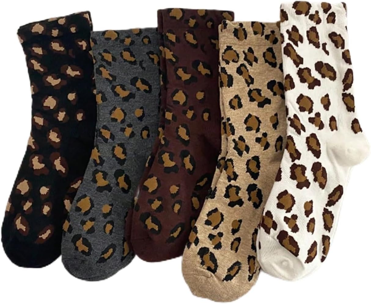 Thermal Crew Socks for Women, Leopard Print Cotton Cozy Quarter Socks Warm Neutral Ankle Socks for Women,. 5 Pairs