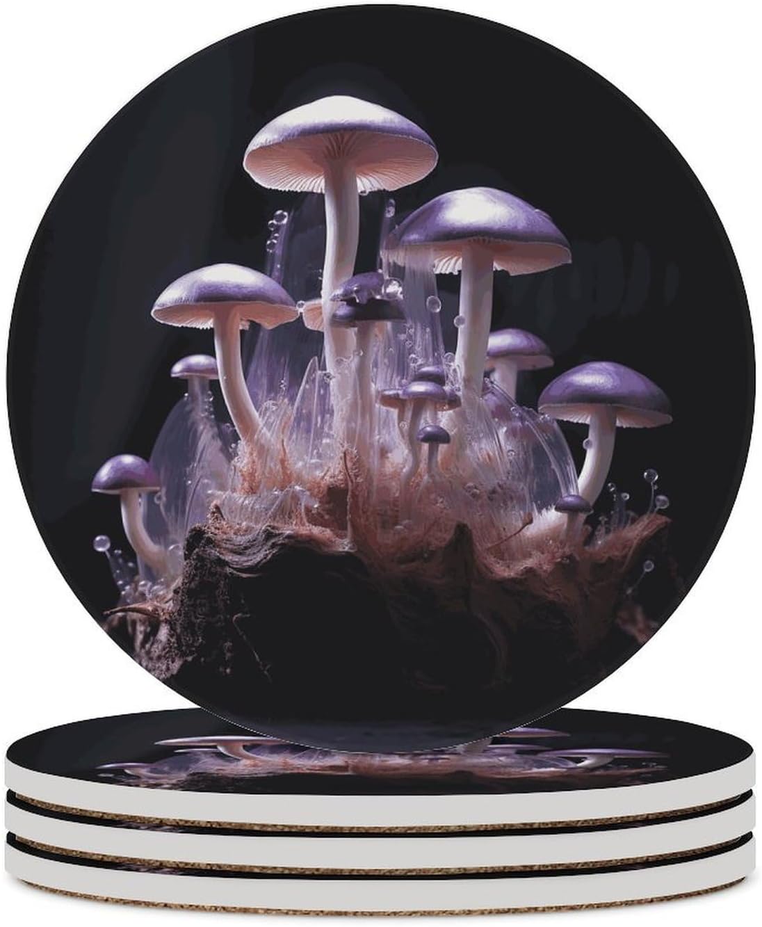 Purple Mushroom Coasters Round Coasters Set Ceramic Stone Coaster with Cork Base Coffee Cup Beverage Cup Mat Cute Funny Table Drinks Coaster for Mugs and Cups Office Kitchen