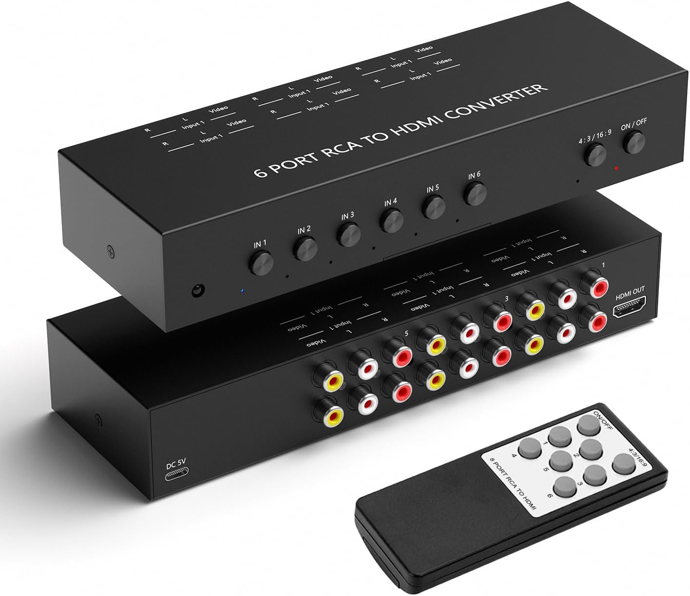 Dingsun 6Port AV to HDMI Converter, Will Convert Input Analog Aignals to a Digital Output Signal, Built-in 16:9/4:3 Adjustment, Perfect for Old Video Game Systems,PS,WII,Xbox,DVD,VHS(with Remote)