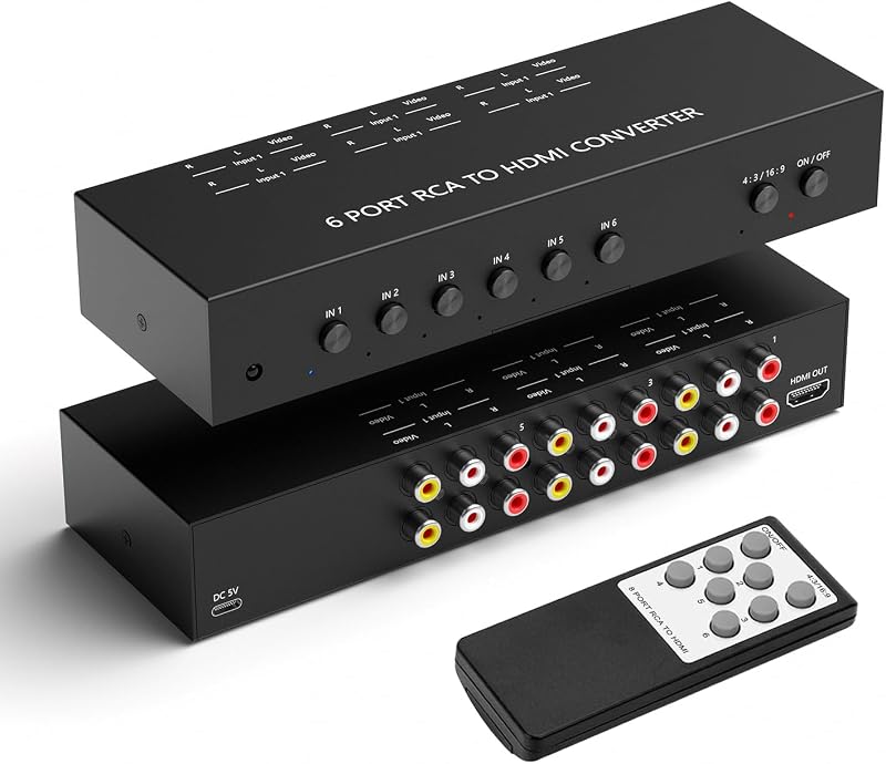 Dingsun Convertidor AV a HDMI de 6 puertos, convertirá señales analógicas de entrada en una señal de salida digital, ajuste 16:9/4:3 incorporado, perfecto para sistemas de videojuegos antiguos, PS, WII, Xbox, DVD, VHS (con control remoto)