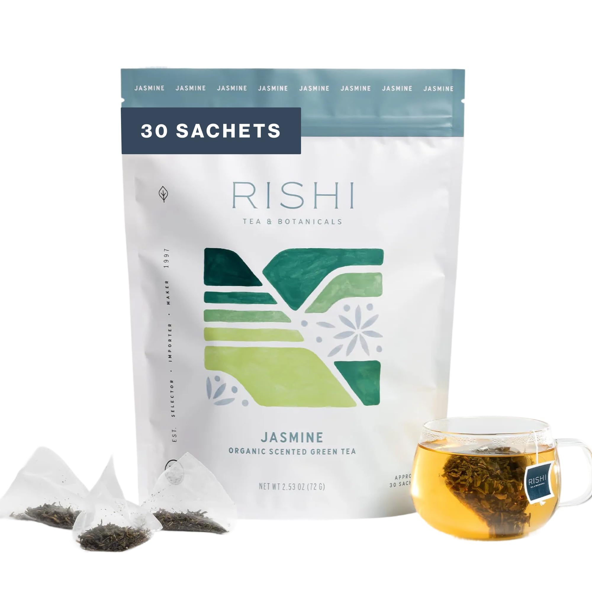 Rishi Tea Jasmine Organic Chinese Green Sachet Tea Bags, Caffeinated, 30ct Jasmine 30 Count (Pack of 1)