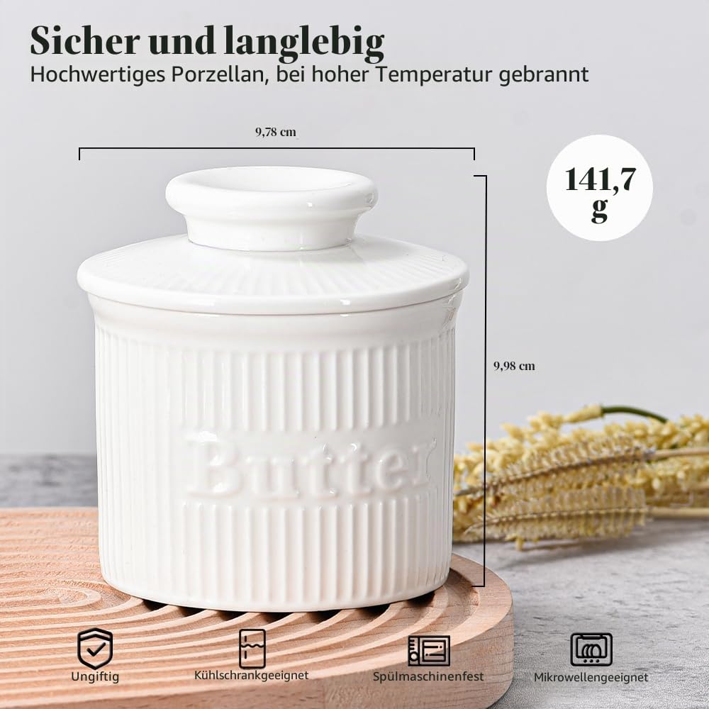 Weiß Butterglocke, französische Butterdose für frische weiche Butter, Porzellan Butterbehälter wassergekühlt, Vintage Buttertopf mit geprägter Wasserlinie,Geschenke für Frauen Männer