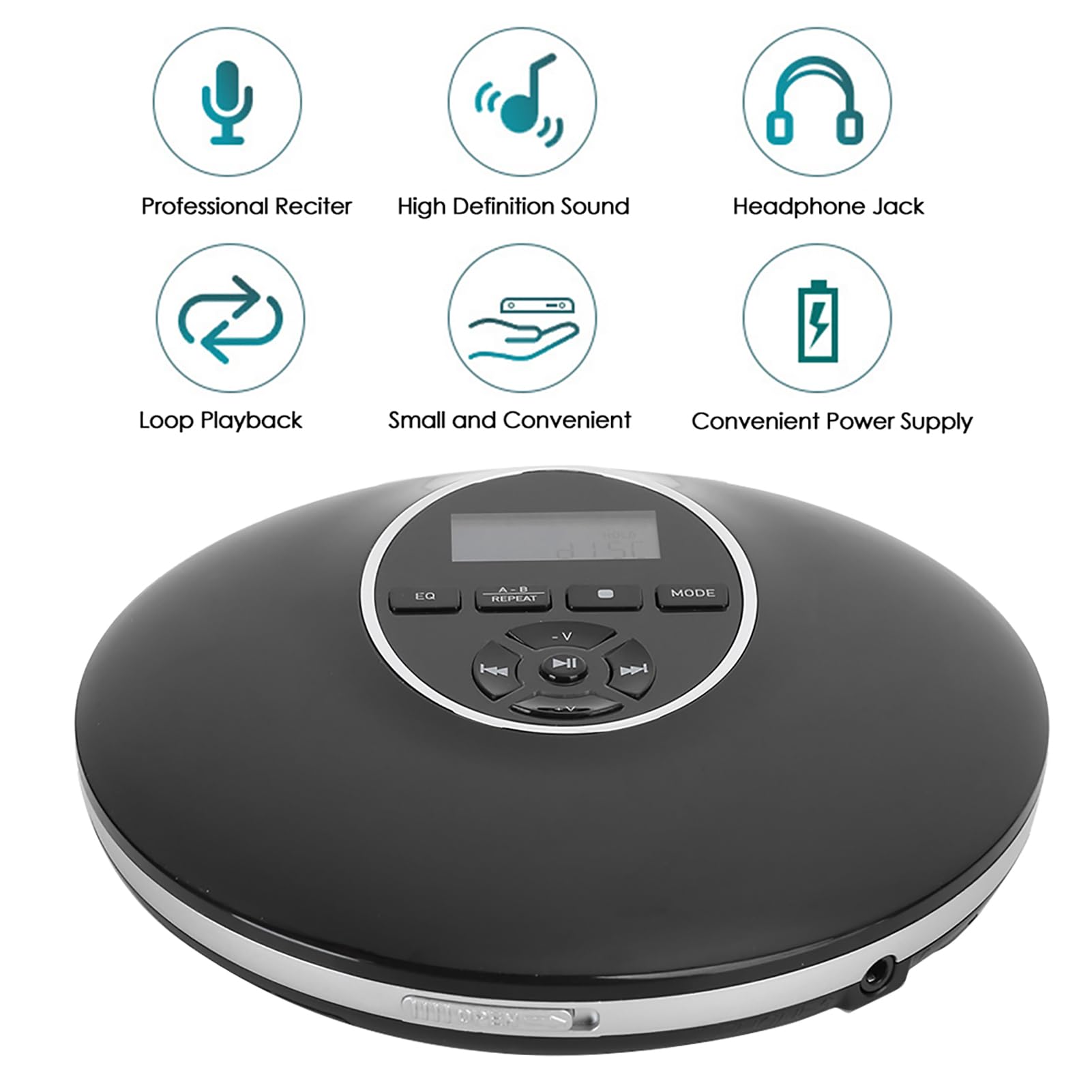 Lettore CD Portatile per Studenti con Funzione Ripetitore, Lettore Musicale Stereo Compatto con Display LCD, qualità HD, Skip, Supporta Ricarica USB e Batterie AA, Ideale per