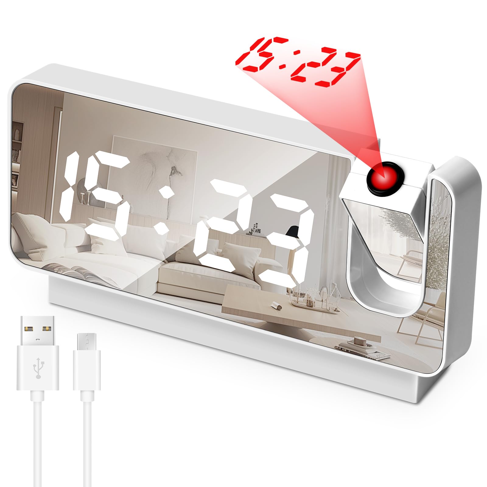 Réveil Projecteur Numérique - Affichage LED Sur Plafond/mur - Capteur De Température - Chargeur USB - Blanc
