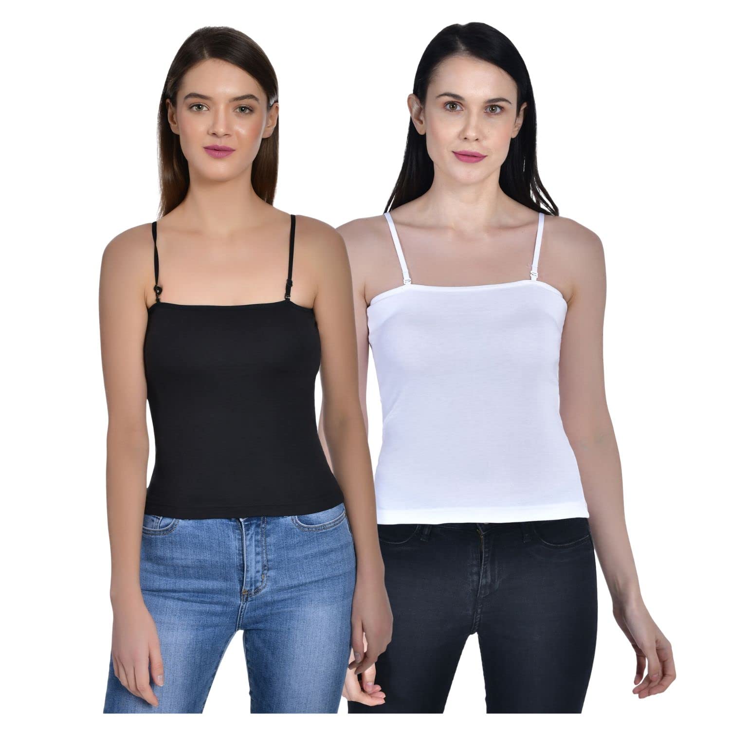 ORANCEWomen's Cotton Sleeveless Square Neck Extra Transparent Removable Strap Spaghetti Camisoles Slip White Black M Pack of 2-image-11