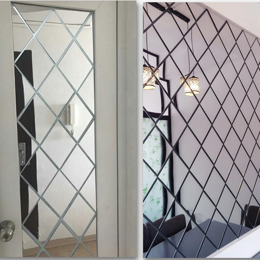 58 Pezzi Adesivi da Parete con Specchio Rombo Autoadesivo, 3D Acrilico Rimovibile Fai da te Arte Piastrelle Impermeabili Mobili Decorazione, Per Pareti, Finestre e Armadi, 100*100cm (D'argento)