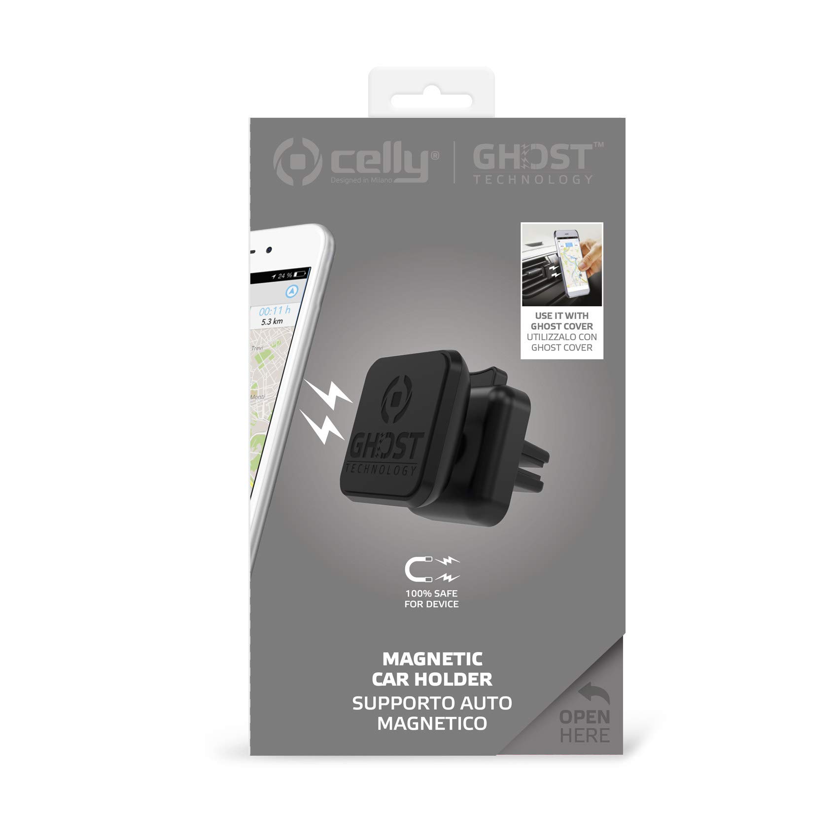 Celly Ghost Plus Supporto da Auto per Smartphone con Fissaggio Magnetico, Nero (Confezione da 2)