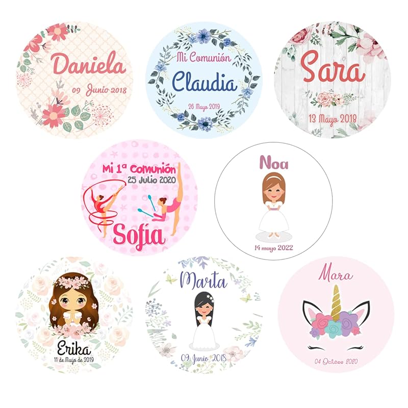 Imagen de Amazon: Etiquetas Personalizadas para Comunión de Niña.En entrada de blog Invitaciones Comunión Originales