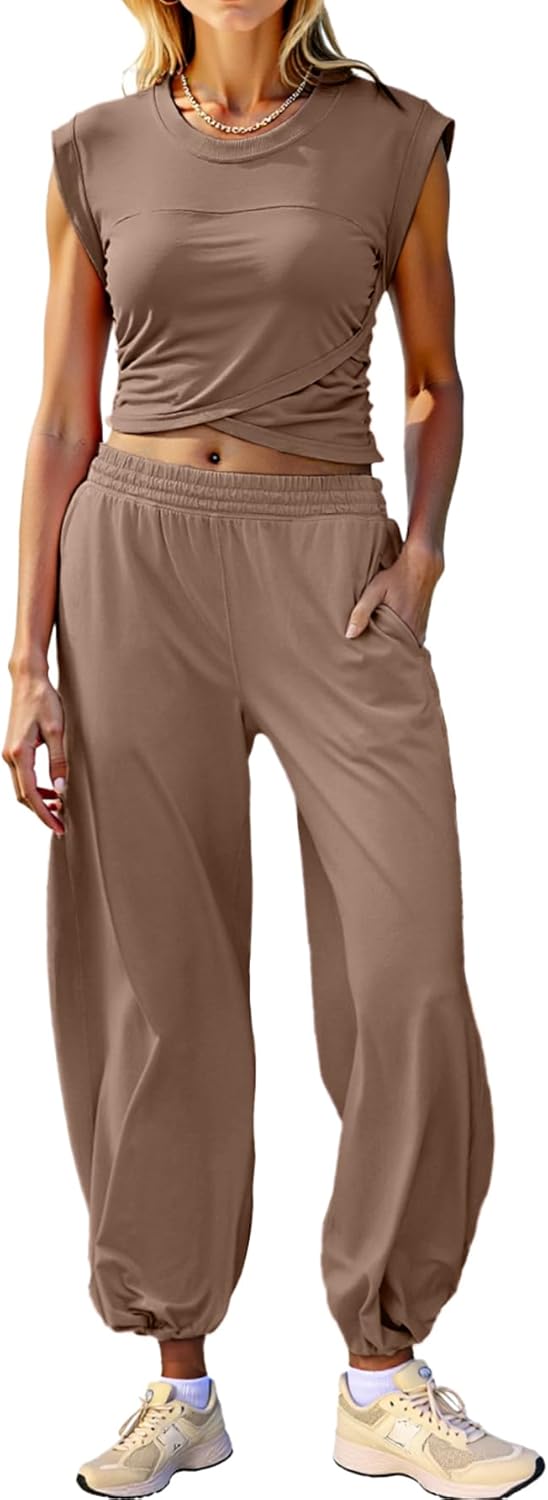 Glamaker Women's Two Piece Athletic Sets Casual Workout Sleeveless Cropped Tops High Sweatpants Joggers Tracksuits - Image 9