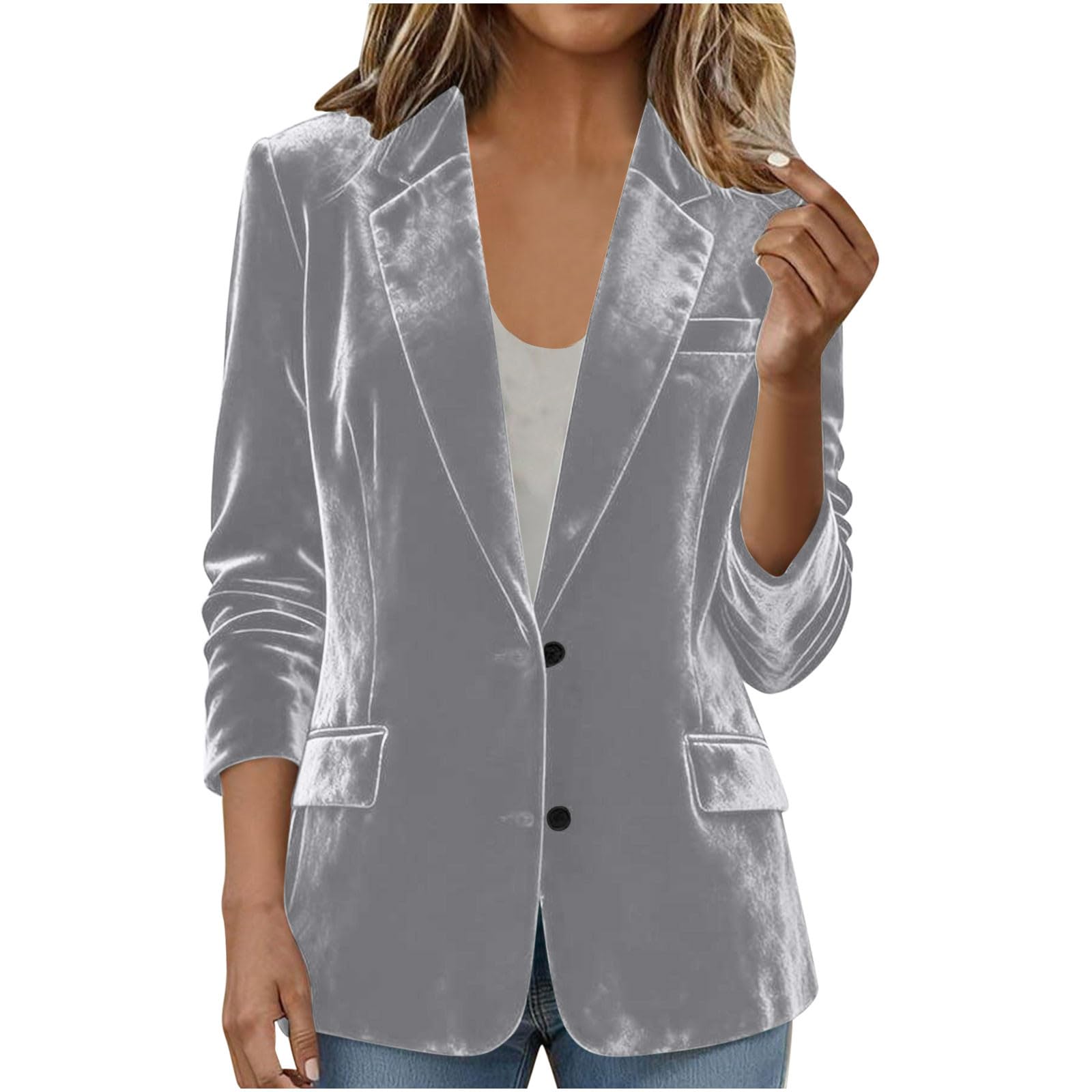 Velvet Blazer Jackets for Women Casual Long Sleeve Notched Lapel Button Coat Work Office Blazer Jacket with Pockets