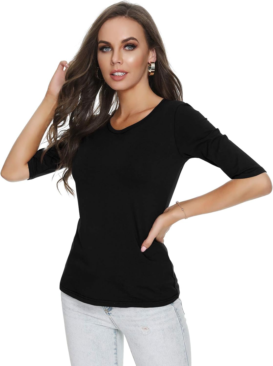 RightPerson Women's Basic Half Sleeve Round Neck T-Shirt Stretchy Casual Cotton Tops - Image 5