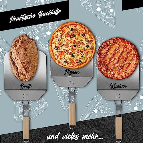 Foto von Profi Pizzaschaufel XXL, Aluminium Pizzaschieber Pizzaheber Brotback-Schieber platzsparendes Premium Modell Holz-Griff, eckiger Brotschieber Must-Have Zubehör für Pizzabäcker (Klappbarer Griff)