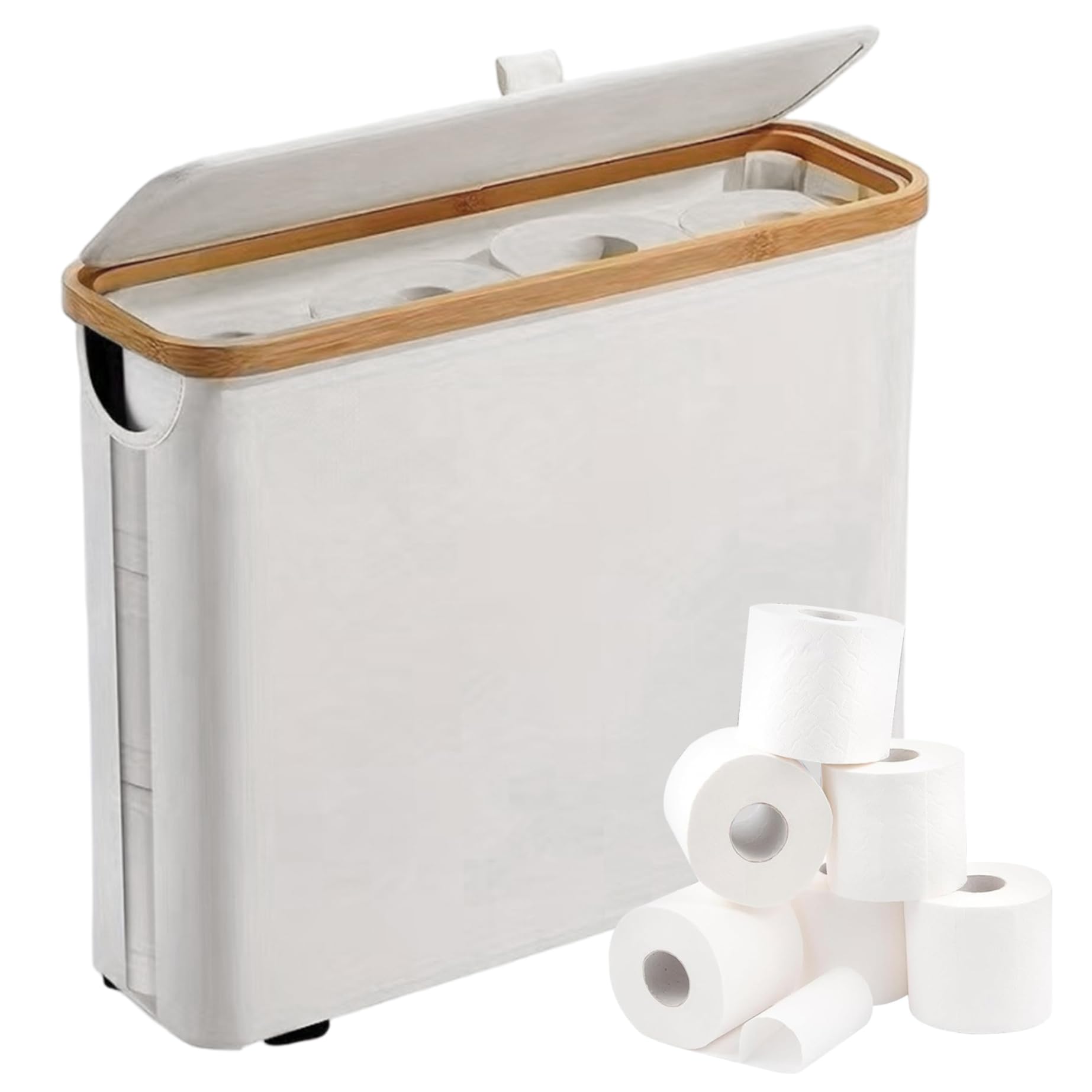Faroby Toilet Paper Storage, Stackable 12-Roll Bathroom Tissue Basket with Bamboo Lid, Space-Saving White Paper Storage for Organized Home, Toilet Basket