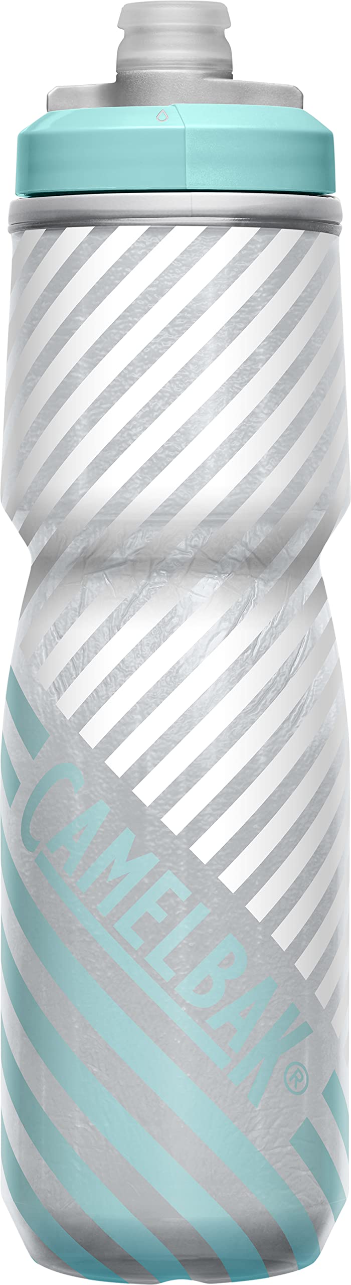 Podium Chill Insulated Bike Water Bottle - Easy Squeeze Bottle - Fits Most Bike Cages - 24oz, Grey/Teal Stripe