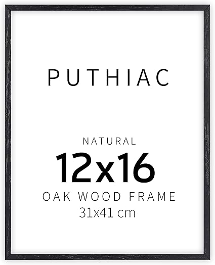 puthiac 12x16 Black Oak Wood Picture Frame - Minimalist 12x16 Poster Frame, 12"x16" Picture Frame Wood, Natural Solid Wooden Picture Frames for Wall Art Photo and Prints (1 Pack, Black)