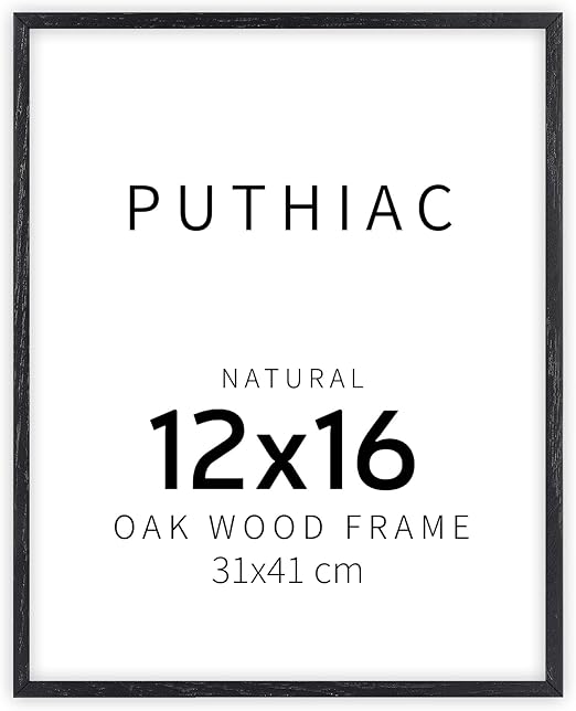 puthiac 12x16 Black Oak Wood Picture Frame - Minimalist 12x16 Poster Frame, 12"x16" Picture Frame Wood, Natural Solid Wooden Picture Frames for Wall Art Photo and Prints (1 Pack, Black)