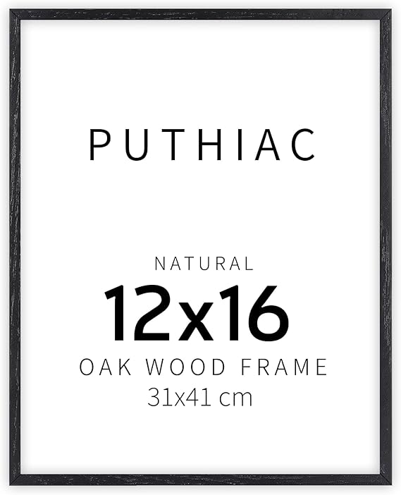 puthiac 12x16 Black Oak Wood Picture Frame - Minimalist 12x16 Poster Frame, 12"x16" Picture Frame Wood, Natural Solid Wooden Picture Frames for Wall Art Photo and Prints (1 Pack, Black)