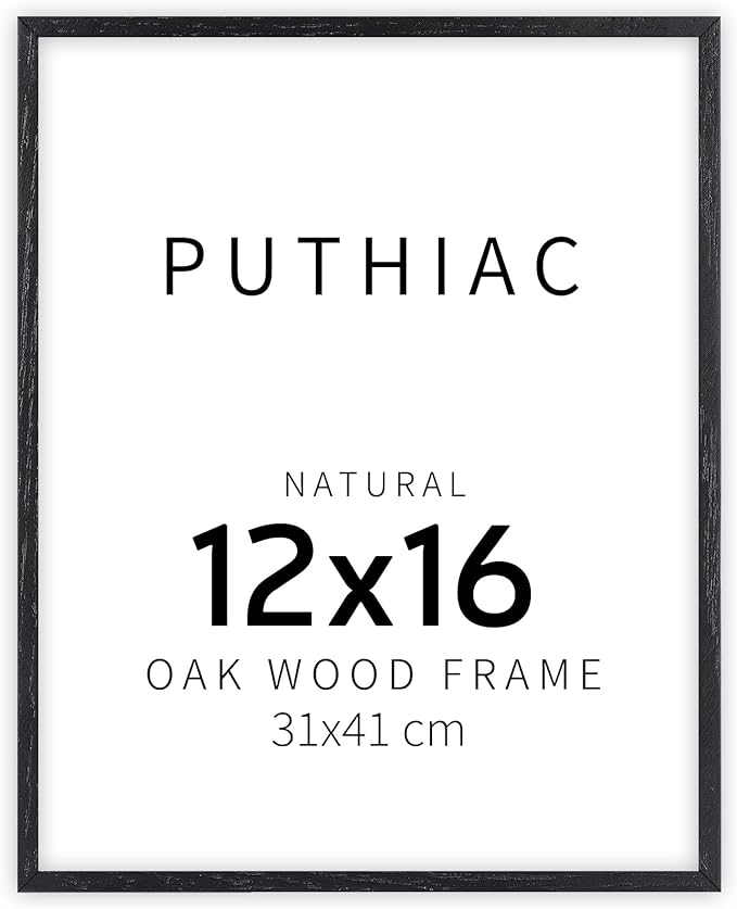 puthiac 12x16 Black Oak Wood Picture Frame - Minimalist 12x16 Poster Frame, 12"x16" Picture Frame Wood, Natural Solid Wooden Picture Frames for Wall Art Photo and Prints (1 Pack, Black)