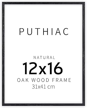 puthiac 12x16 Black Oak Wood Picture Frame - Minimalist 12x16 Poster Frame, 12"x16" Picture Frame Wood, Natural Solid Wooden Picture Frames for Wall Art Photo and Prints (1 Pack, Black)