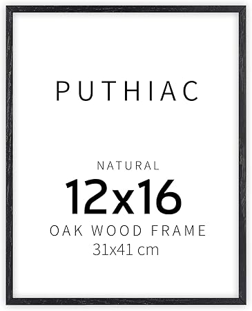 puthiac 12x16 Black Oak Wood Picture Frame - Minimalist 12x16 Poster Frame, 12"x16" Picture Frame Wood, Natural Solid Wooden Picture Frames for Wall Art Photo and Prints (1 Pack, Black)