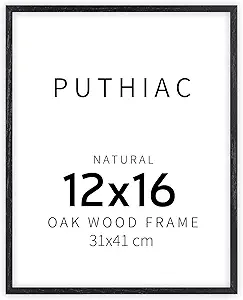 puthiac 12x16 Black Oak Wood Picture Frame - Minimalist 12x16 Poster Frame, 12"x16" Picture Frame Wood, Natural Solid Wooden Picture Frames for Wall Art Photo and Prints (1 Pack, Black)