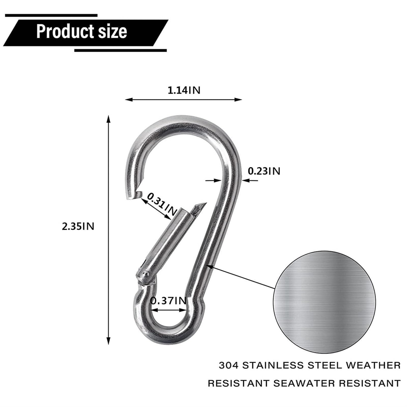 Mousqueton à ressort en acier inoxydable 304 – Boucle de porte-clés d'extérieur 136 kg robuste avec crochet de sécurité pour palan à chaîne, boucles d'alpinisme
