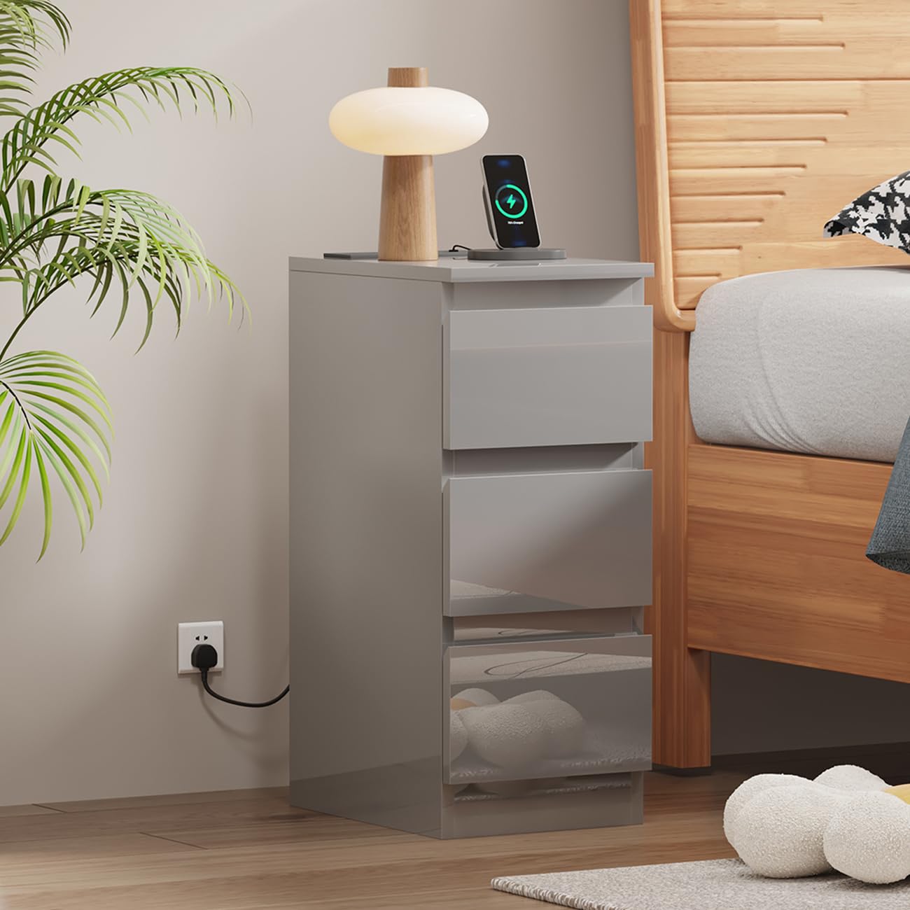 Ansley&HosHo Bedside Table with 3 Storage Drawers, Slim Nightstand Cabinet with Charger Station for Bedroom, Small Living Room End Table Side Table with Power Outlets and USB Ports (High Gloss Grey)