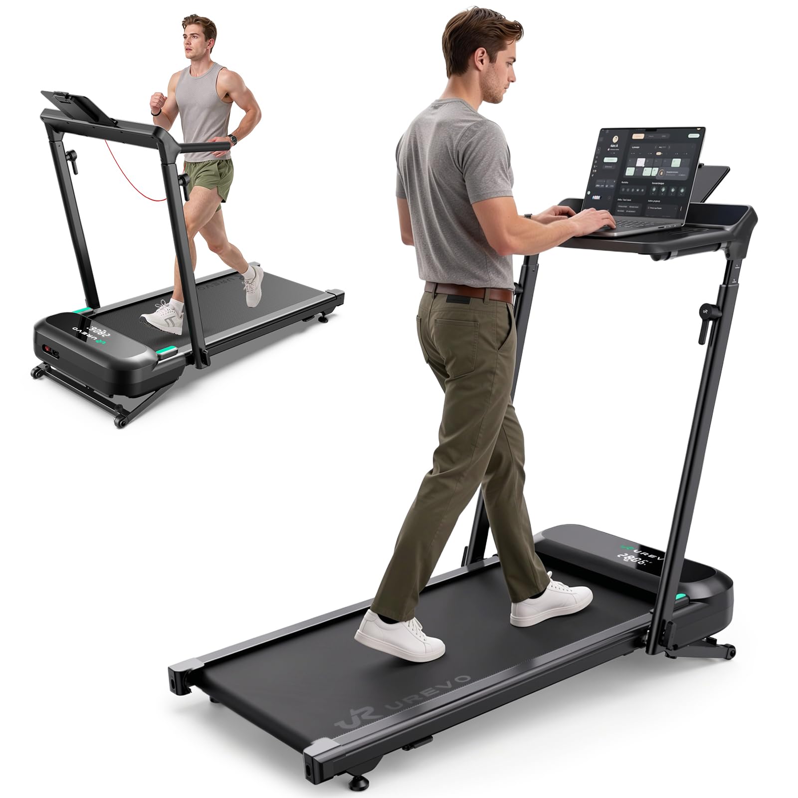 UREVO Foldable Treadmill with Adjustable Laptop Desk, 9% Auto Incline