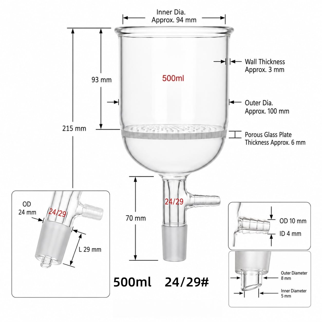 Lejek Büchnera Porowata Płytka Szkło Borokrzemowe Próżnia Lab-24/29# 500ml