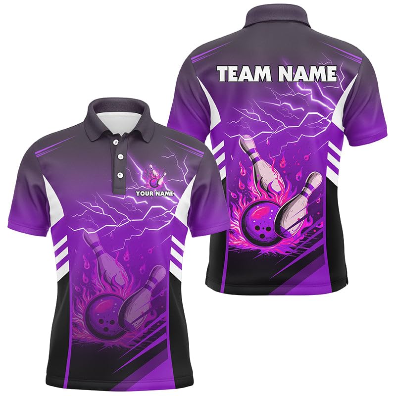 Flammen-Bowlingkugel-Pins, Blitz, individuelles Bowling-Shirt mit Polo & Viertelreißverschluss für Herren & Damen, Bowling-Teamtrikot | Lila N7479