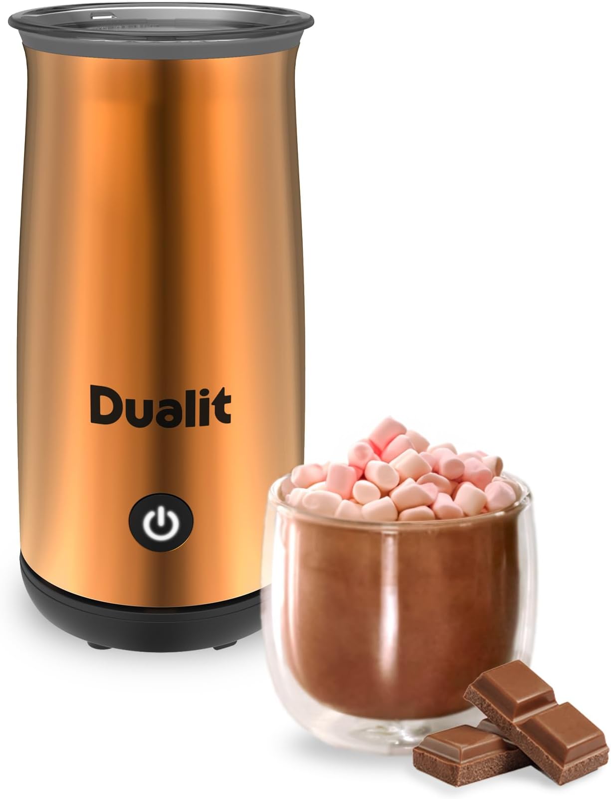 Dualit Hot Chocolate Maker & Milk Frother - 250ml Capacity - Powder, Buttons & Grated Chocolate - Velvety Hot Chocolate in 3 Mins - Cordless Jug - Copper