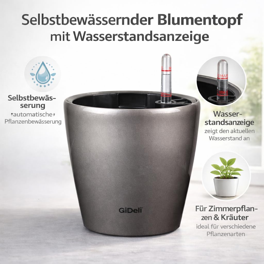 GiDeli Jardinière auto-arrosante - Pot d'arrosage automatique avec indicateur de niveau d'eau - Pots de fleurs protégeant contre le débordement et la pourriture - Pot de plantation économe en temps