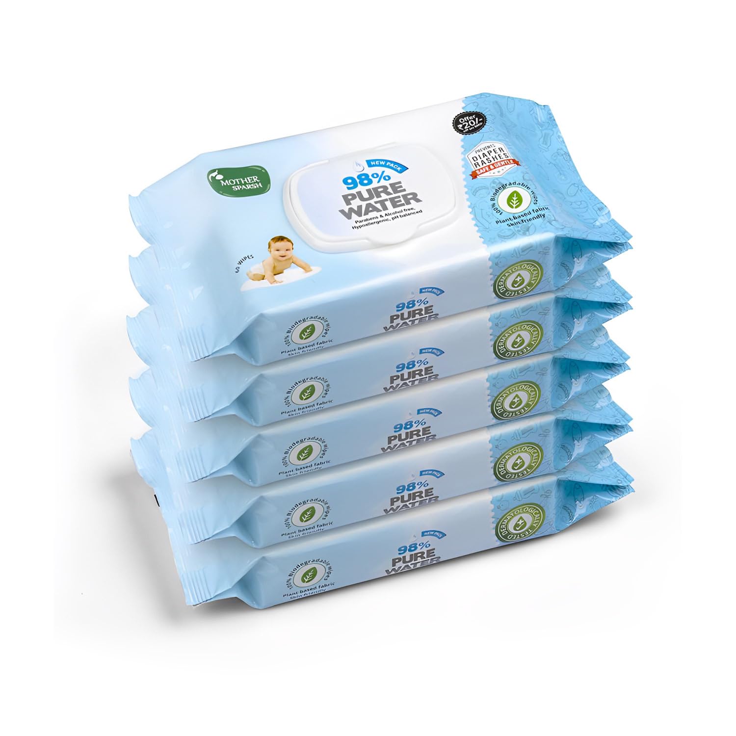 Mother Sparsh Lot de 5 lingettes à base d'eau, 60 pièces par paquet | Tissu dérivé de plantes | Légèrement parfumé I