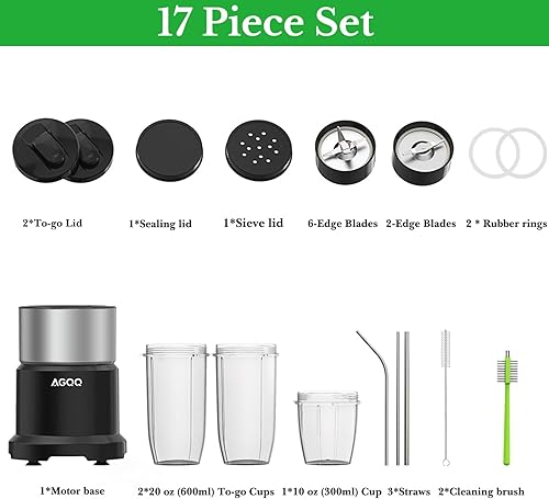 Miniatura 8 de Licuadora para batidos y batidos, licuadoras portátiles de encimera de 850 W para cocina, 17 piezas de licuadora y molinillo con hoja de 6 bordes,