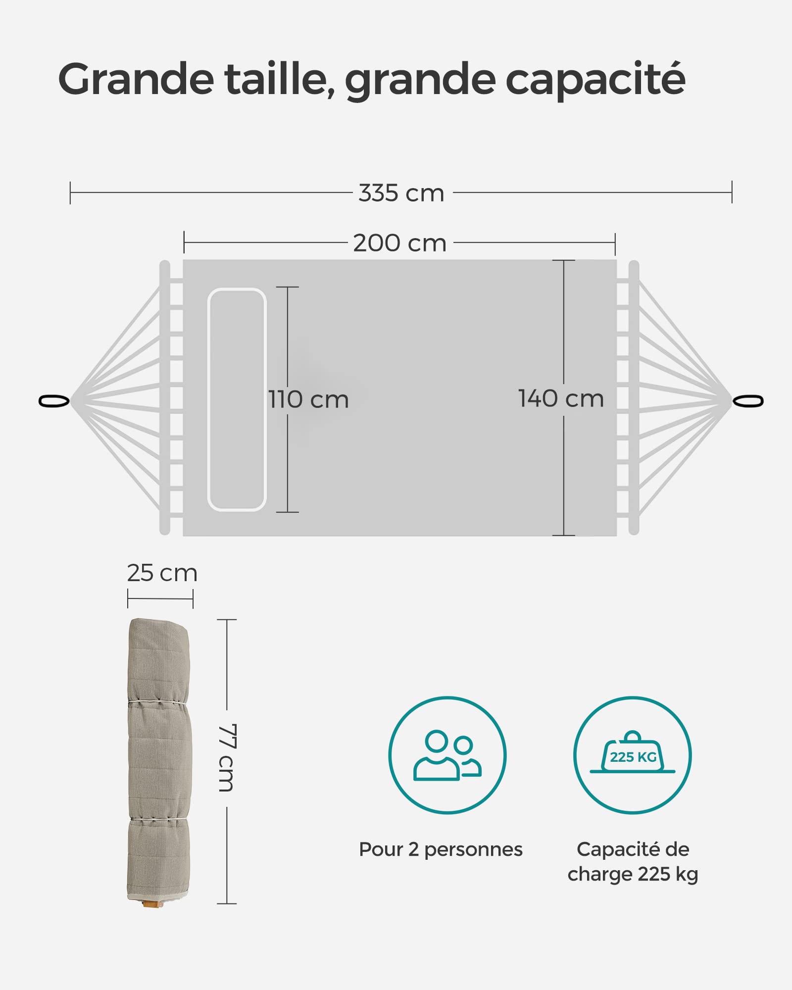 SONGMICS Hamac Double Rembourré Matelassé 200 x 140 cm 225 kg avec Barres Incurvées Démontable Bambou Oreiller Crème Beige GDC34BE