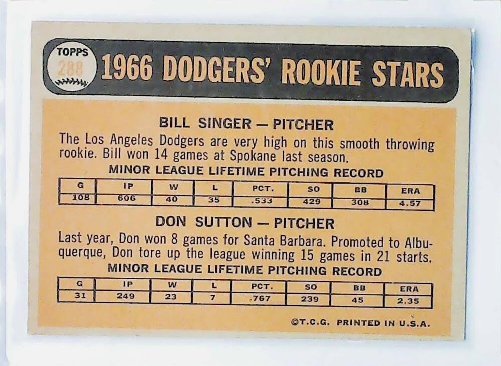1966 Topps Series 4 Baseball #288 Bill Singer/Don Sutton RC Rookie Los Angeles Dodgers Set Break #1 Trading Card (Scans Show Actual Card)