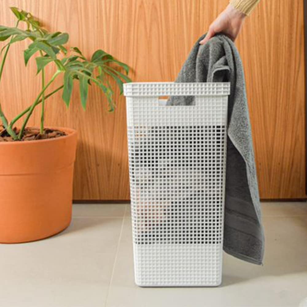 Cesto de roupas com tampa Ou Linha Grid 49L Branco Oceano