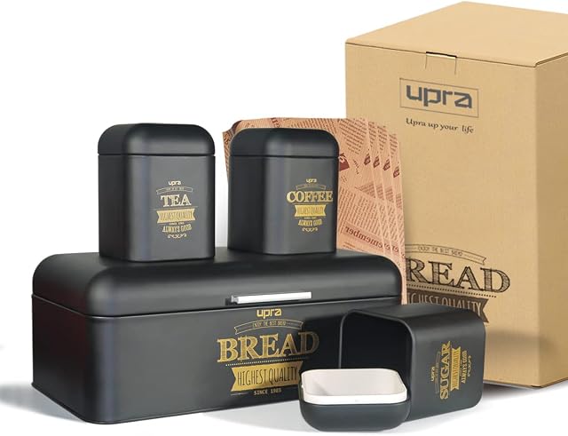 Orlkie Black Bread Bins with Sugar Tea Coffee Containers Sets for Kitchen Counter, Stainless Steel Bread Boxes Storage Container for Loaves, Pastries, and More